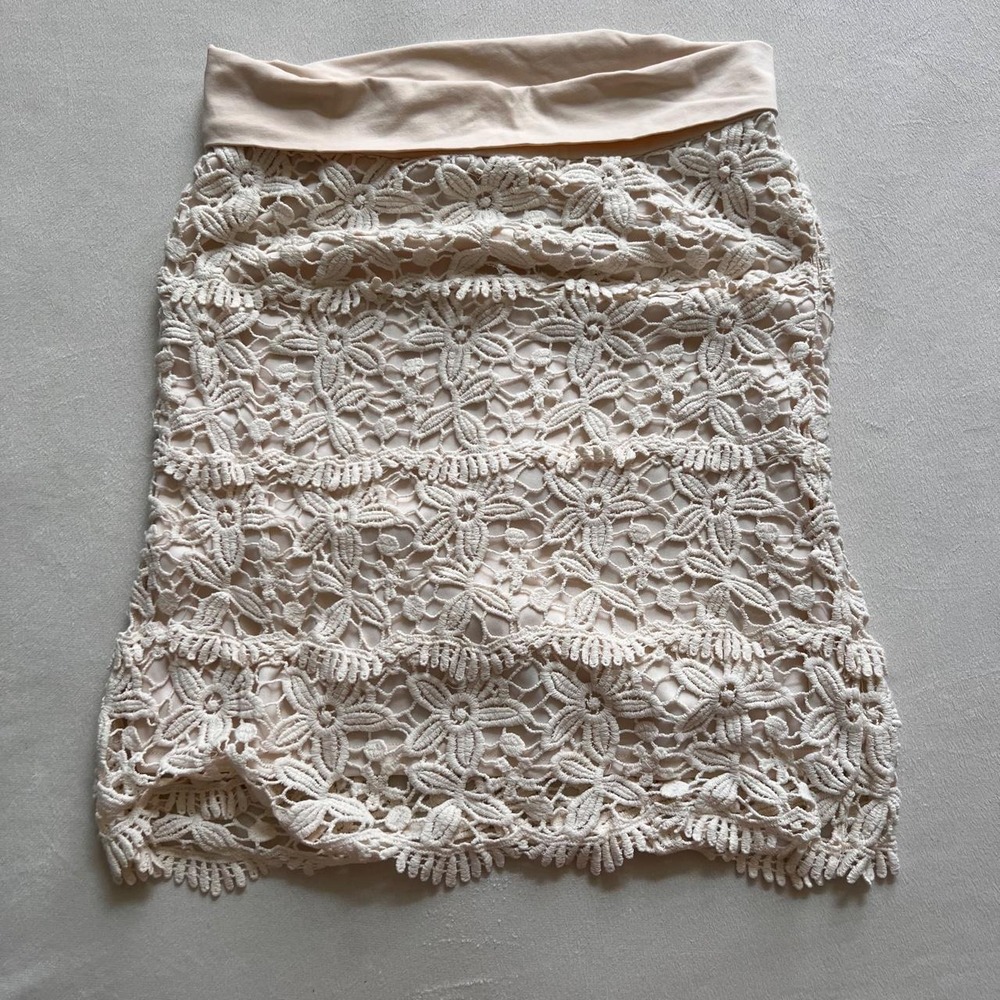 Cream Crochet Boho Hippie Midi Office Skirt Comfortable Festival Textured